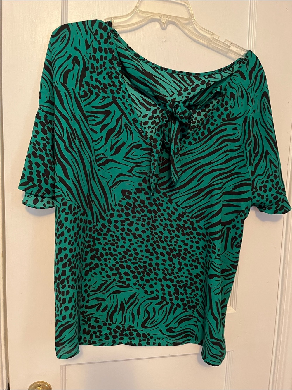 CAbi Teal and Black Animal-Print Tie-Back Tunic